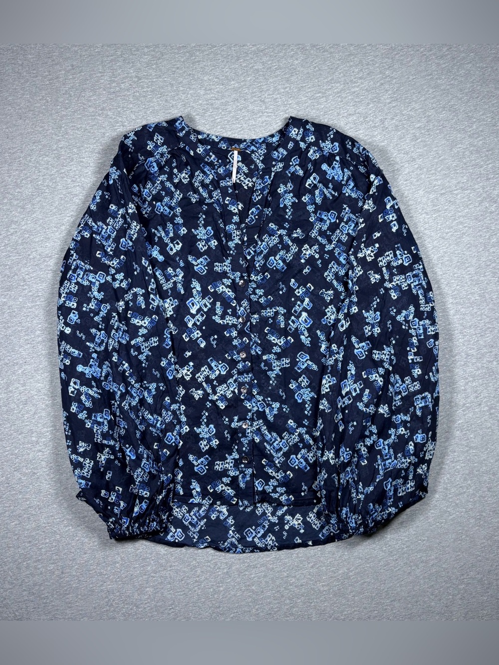 Free People Peasant Blouse Womens M Blue Semi Sheer Batik Balloon Sleeve Boho